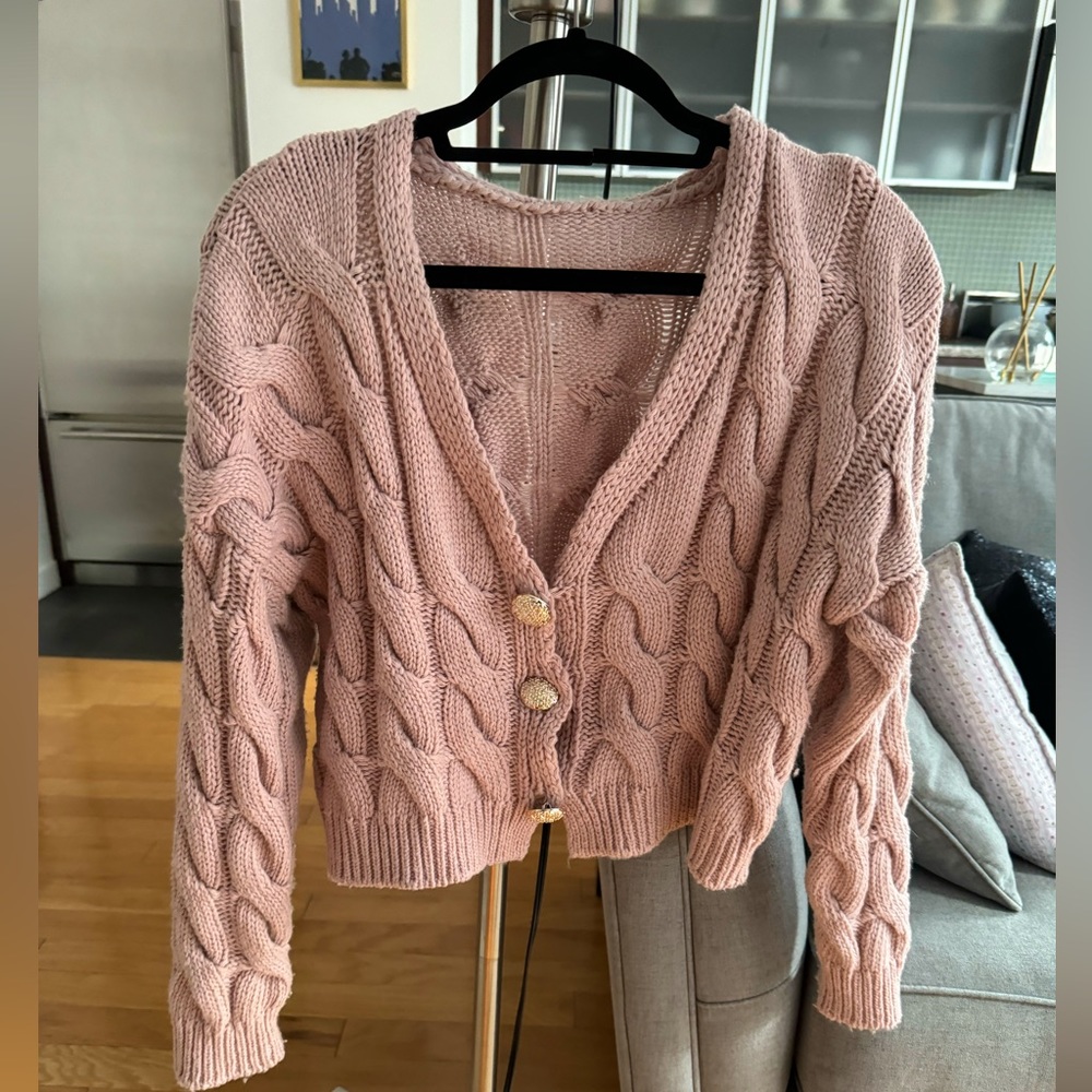Chunky pink knit cardigan with gold buttons